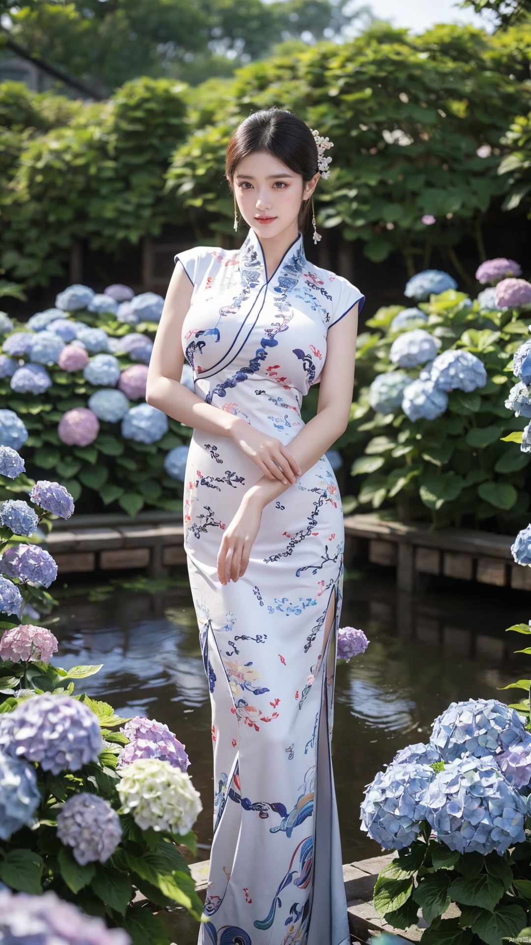  1girl,front,mottledsunlight,hydrangea flowers field,photoparticle,refracted light,light particles,sparkle,backlighting,hydrangea flower,china dress\(haihang\),lingxing, (big breasts:1.69),(Ancient Chinese architecture, Suzhou gardens, gardens full of flowers:1.3), X-Hydrangea, Oil-paper umbrella