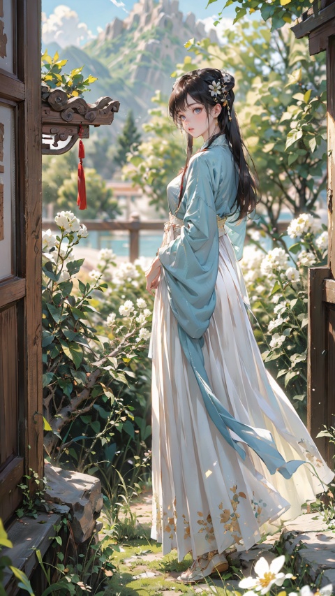  (8k, original image, best quality, masterpiece: 1.2),aerial garden, (A girl lazily stood on a rock watching the scenery),(Beautiful facial features, extremely beautiful face),(Hanfu long skirt:1.2),White Hanfu,The ancient tea trees on both sides of her are covered in white flowers,(Fisheye view), whole body, solo, atmospheric lighting, Ancient Chinese Architecture,The foreground is a Chinese style circular arch,Far away is a mountain hidden in the clouds,White flowers, wind,cloud, atmospheric lighting,physics based rendering, viewers,DUNHUANG_CLOTHS,han style,1 girl