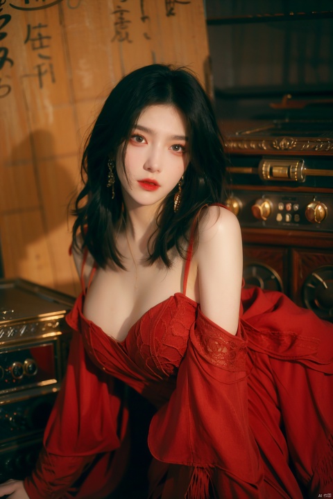  sdmai, hongchen, 1girl, solo, dress, red dress, black hair, realistic, breasts, jewelry, earrings, looking at viewer, bare shoulders,(big breasts:1.69)