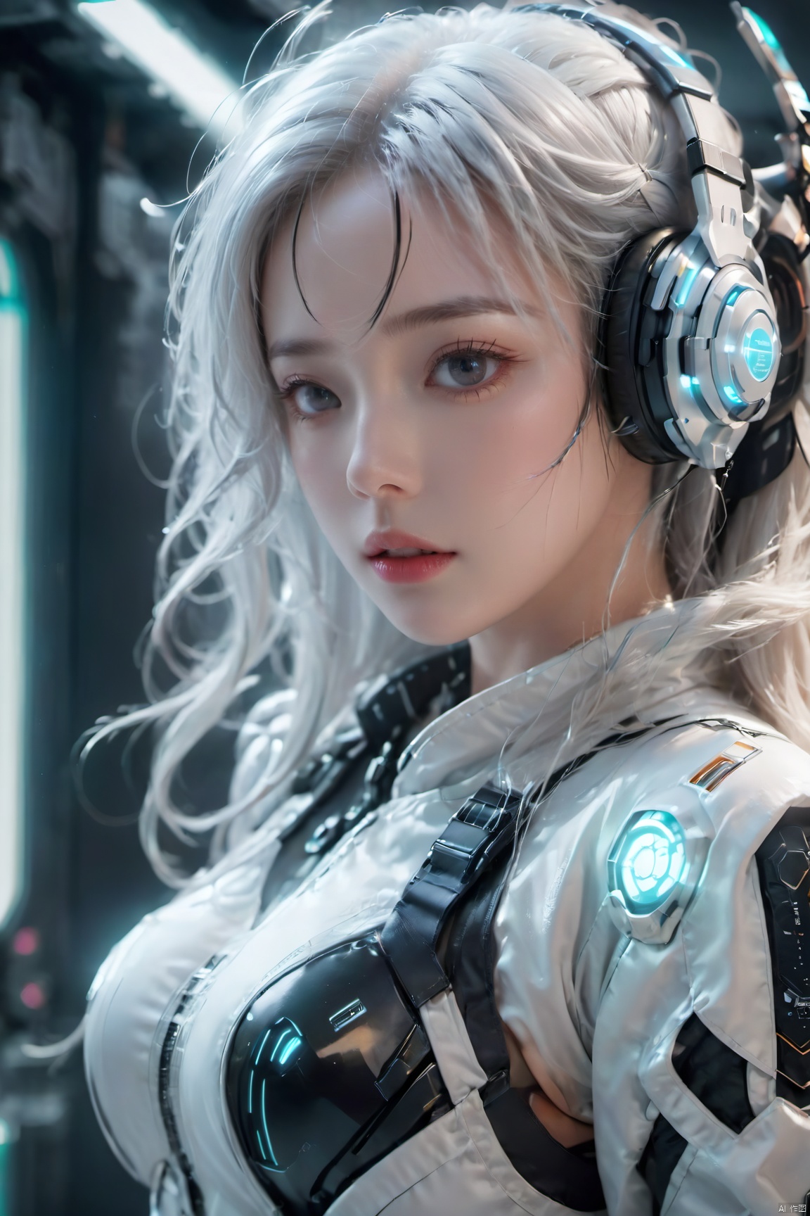  1girl,Future style gel coat,Future Combat Suit,Mecha,blurry background,breasts,depth of field,headphones,Glowing Clothing,Future Technology Space Station,Clothing with multiple light sources,Upper body,Oblique lateral body,Above the abdomen,headset,lips,long hair,looking at viewer,(big breasts:1.3),parted lips,realistic,science fiction,solo,upper body,White hair
