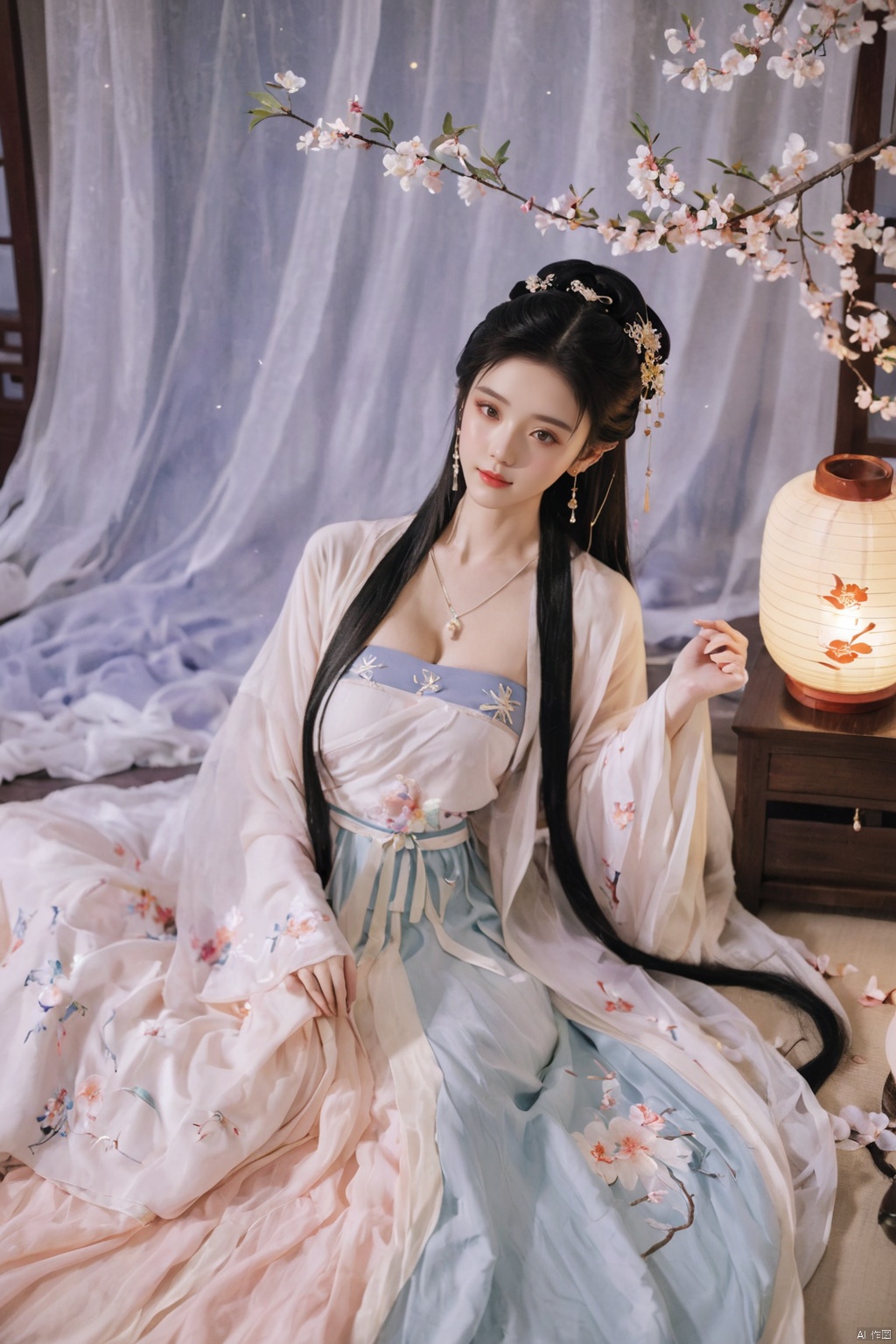  1girl, solo, long hair, black hair,Hairpins,necklace, hair ornament, dress, full body, flower, earrings, indoors, hair bun, (white dress),(Tube top Hanfu long skirt:1.1), pillow, bed, night, chinese clothes, table, branch,daxiushan, ,daxiushan style,(huge breasts:1.99), (full breasts:1.59), realistic,hanfu, daxiushan,Shoulders are exposed, , daxiushan, arien_hanfu, FilmGirl