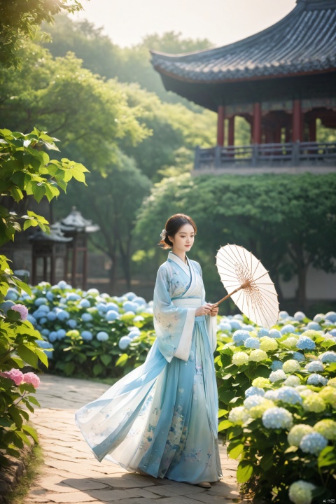  1girl,front,mottledsunlight,hydrangea flowers field,photoparticle,refracted light,light particles,sparkle,backlighting,hydrangea flower,china dress\(haihang\),lingxing, (big breasts:1.6),(Ancient Chinese architecture, Suzhou gardens, gardens full of flowers:1.3), X-Hydrangea, Oil-paper umbrella, song_hanfu, desert_sky, NaGongWan