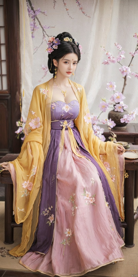  1girl, solo, long hair, black hair,Hairpins,necklace, hair ornament, dress, full body, flower, earrings, indoors, hair bun, (purple-pink-yellow dress),(Tube top Hanfu long skirt:1.1), pillow, bed, night, chinese clothes, table, branch,daxiushan, ,daxiushan style,(huge breasts:1.6), (full breasts:1.39), realistic,hanfu, daxiushan,Shoulders are exposed, , daxiushan, arien_hanfu, FilmGirl