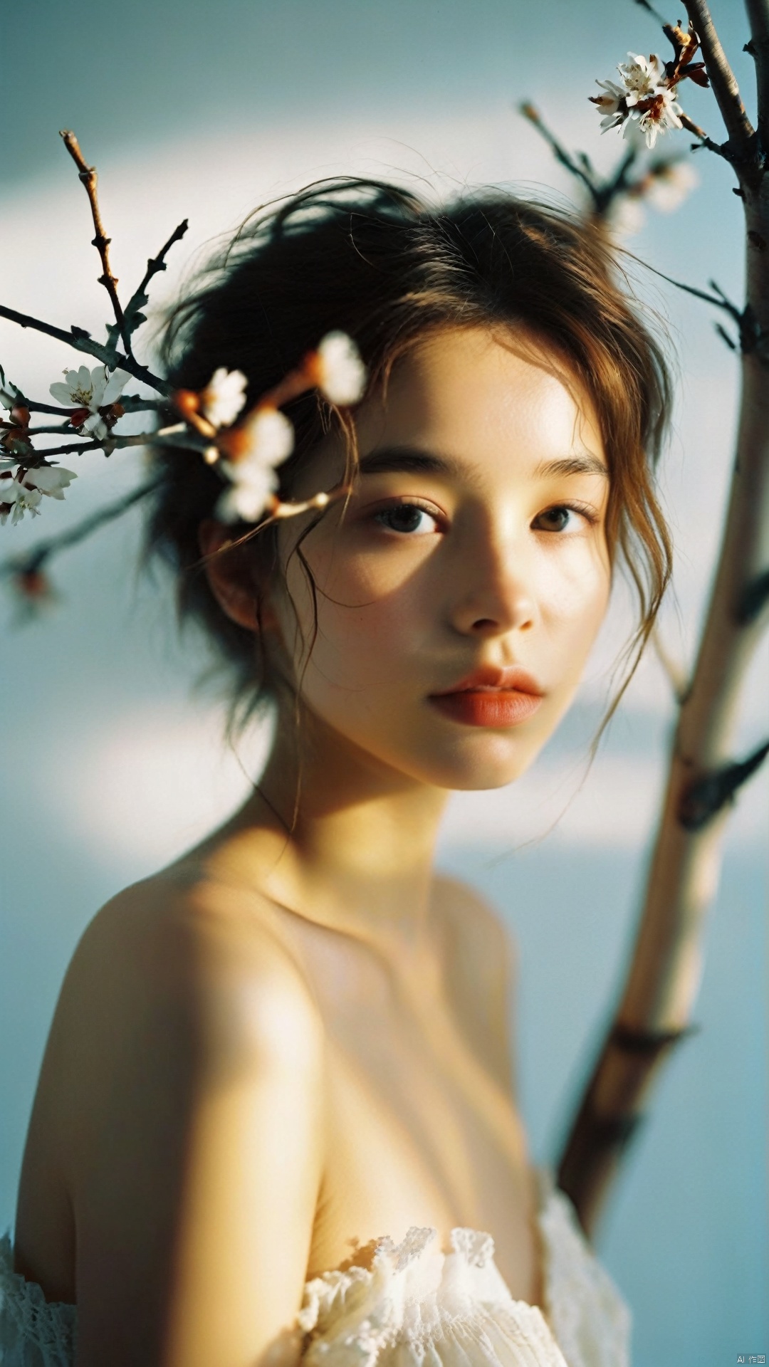  cinematic photo Photography style, master masterpiece, super detail, 1 young girl, model, delicate face, off shoulder, withered branches around, perfect body, white background, analog film, HD, 8k . 35mm photograph, film, bokeh, professional, 4k, highly detailed
