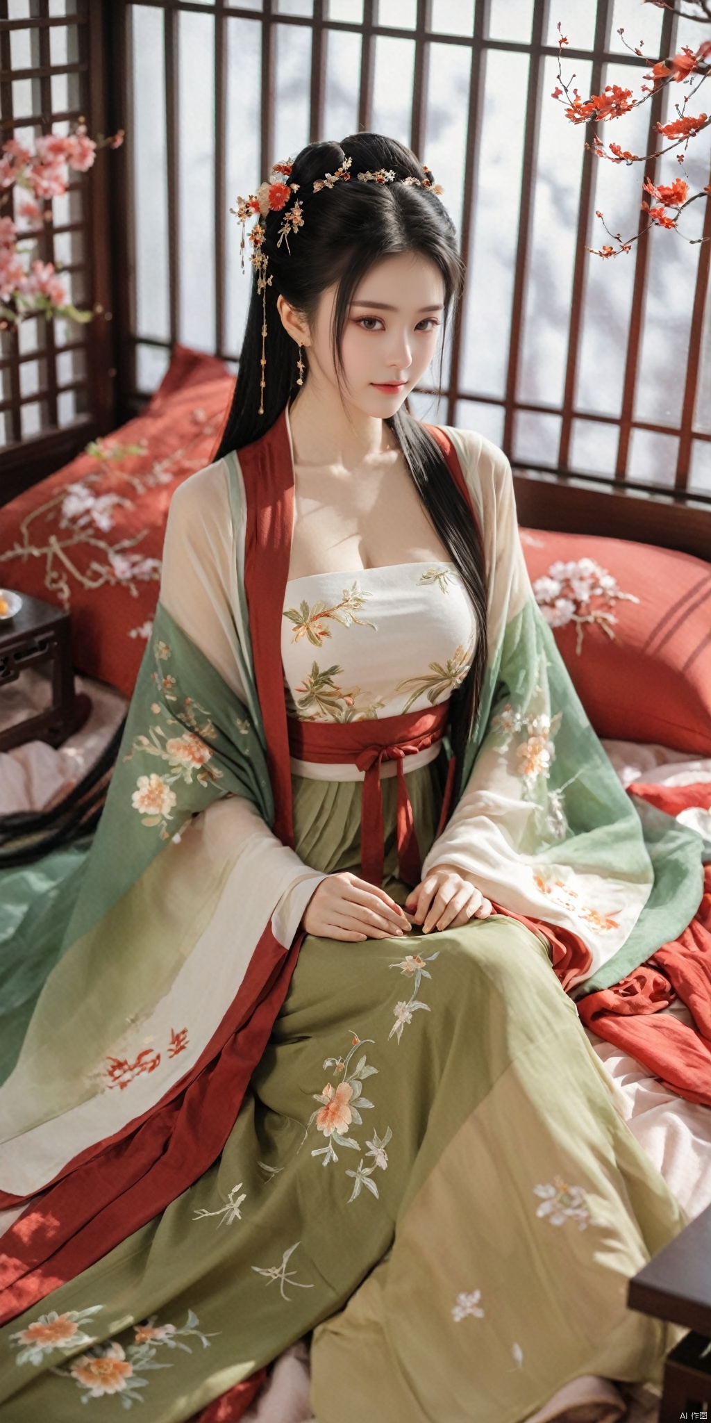  1girl, solo, long hair, black hair,Hairpins,necklace, hair ornament, dress, full body, flower, earrings, indoors, hair bun, (red-green dress),(Tube top Hanfu long skirt:1.1), pillow, bed, night, chinese clothes, table, branch,daxiushan, ,daxiushan style,(huge breasts:1.99), (full breasts:1.59), realistic,hanfu, daxiushan,Shoulders are exposed, , daxiushan, arien_hanfu, FilmGirl