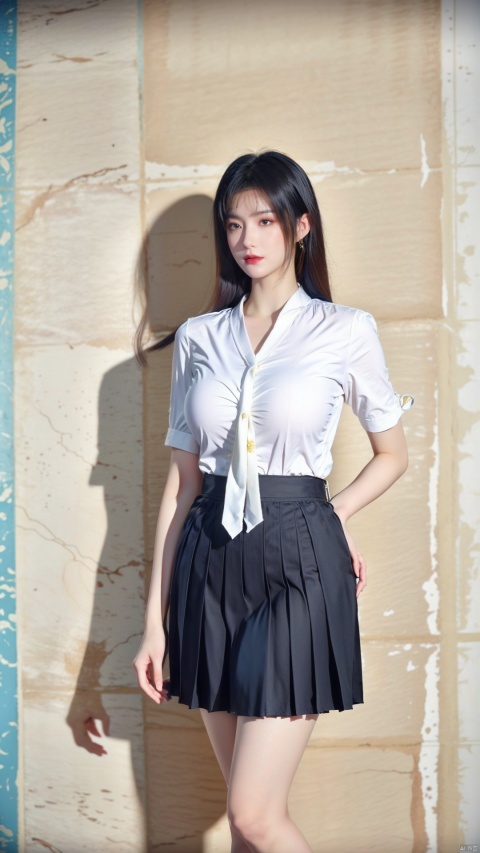  Best quality,masterpiece, 1girl,business shirt, (huge breasts:1.59)(Tie), (Exposed thighs:1.3), (mini skirt:1.3), (pleated skirt:1.3),1 girl,(The background is solid color wall:1.3),(huge breasts:1.69),Clothes Chinese landscape painting hanging on the wall,moyou