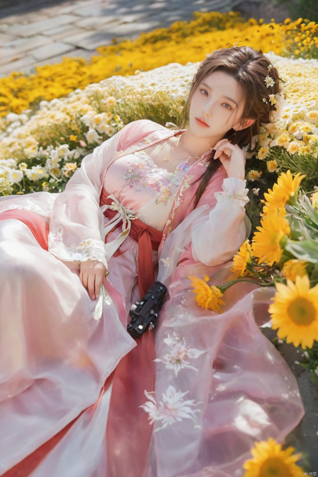 1girl, aerith gainsborough, final fantasy, lying back on flowers, from above, masterpiece, best quality, very aesthetic, absurdres, newest, ai-generated,(big breasts:1.52)