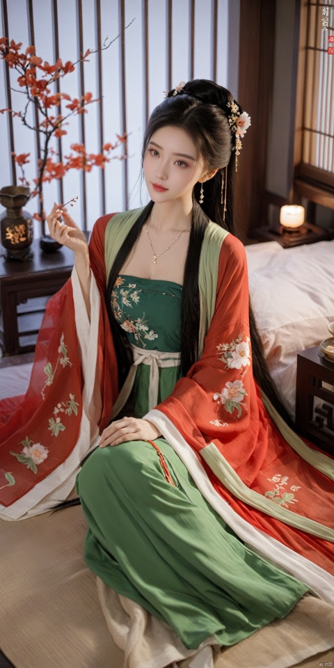  1girl, solo, long hair, black hair,Hairpins,necklace, hair ornament, dress, full body, flower, earrings, indoors, hair bun, (red-green dress),(Tube top Hanfu long skirt:1.1), pillow, bed, night, chinese clothes, table, branch,daxiushan, ,daxiushan style,(huge breasts:1.99), (full breasts:1.59), realistic,hanfu, daxiushan,Shoulders are exposed, , daxiushan, arien_hanfu, FilmGirl