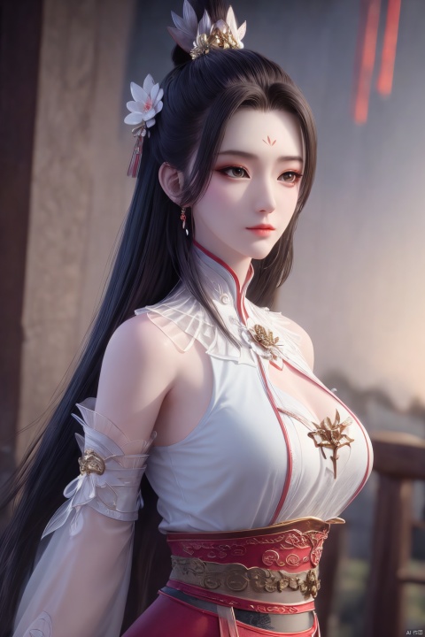 Xbaihehuai,masterpiece,(best quality),official art, extremely detailed cg 8k wallpaper,((crystalstexture skin)), (extremely delicate and beautiful),highly detailed,1girl,solo,long hair,headwear,,(black hair),(closed mouth),(standing),(chinese clothing),dress,Headwear, jewelry,,looking at the audience,Facing the camera,indoor,Street, Sunny,(whole body),looking_at_viewer, (big breasts), upper body,Xbaihehuai, ty-hd, desert_sky,X-Hydrangea