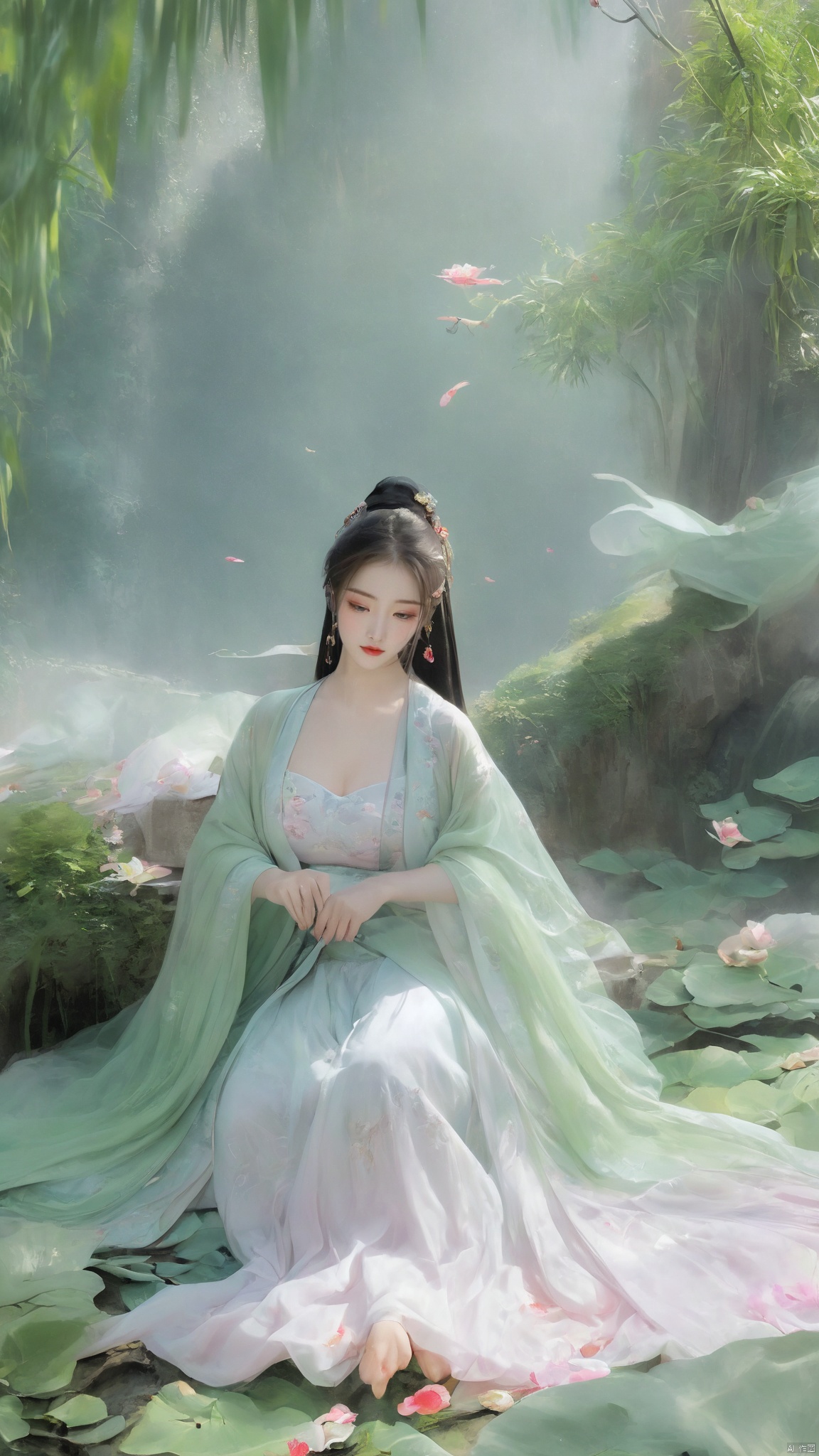  ((1girl)),solo,lying on back on bamboo mat bed in garden,paper fan,thin hanfu,foggy,(curtain),(bamboo forest),(huge breasts:1.88),(Spread your legs and expose your vagina:1.55),tiles roof,light green and white,off shoulders,chinese painting,gongbi style,water_color,(grapevineman:1.4),(huge breasts:2),(trees, artificial mountain, green lotus leaves,light pink lotus flowers),koi,wooden windows,doors,bed,stone,trandional architecture,temple,tower,wall,chinese garden,long hair,full body,bangs,(huge breasts:2.2),(masterpiece, Extremely detailed, best quality, highres:1.2),(ultra_detailed, UHD:1.2),soft smile,huyefo,1girl,see-through,(huge breasts:2.3),,*****,bsp,daxiushan,daxiushan style,