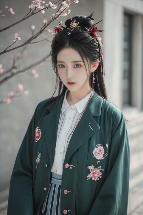  Long hair, light blue hair, pink streaks of hair, space bun hairstyle, flower hairpin, blue eyes, long-sleeve, button-up white shirt, a gray jacket with blue-green stripes, a red bow, dark blue-green pleated skirt, school background, add_detail:1, add_detail:0, add_detail:0.5, qingyi,(big breasts:1.39)