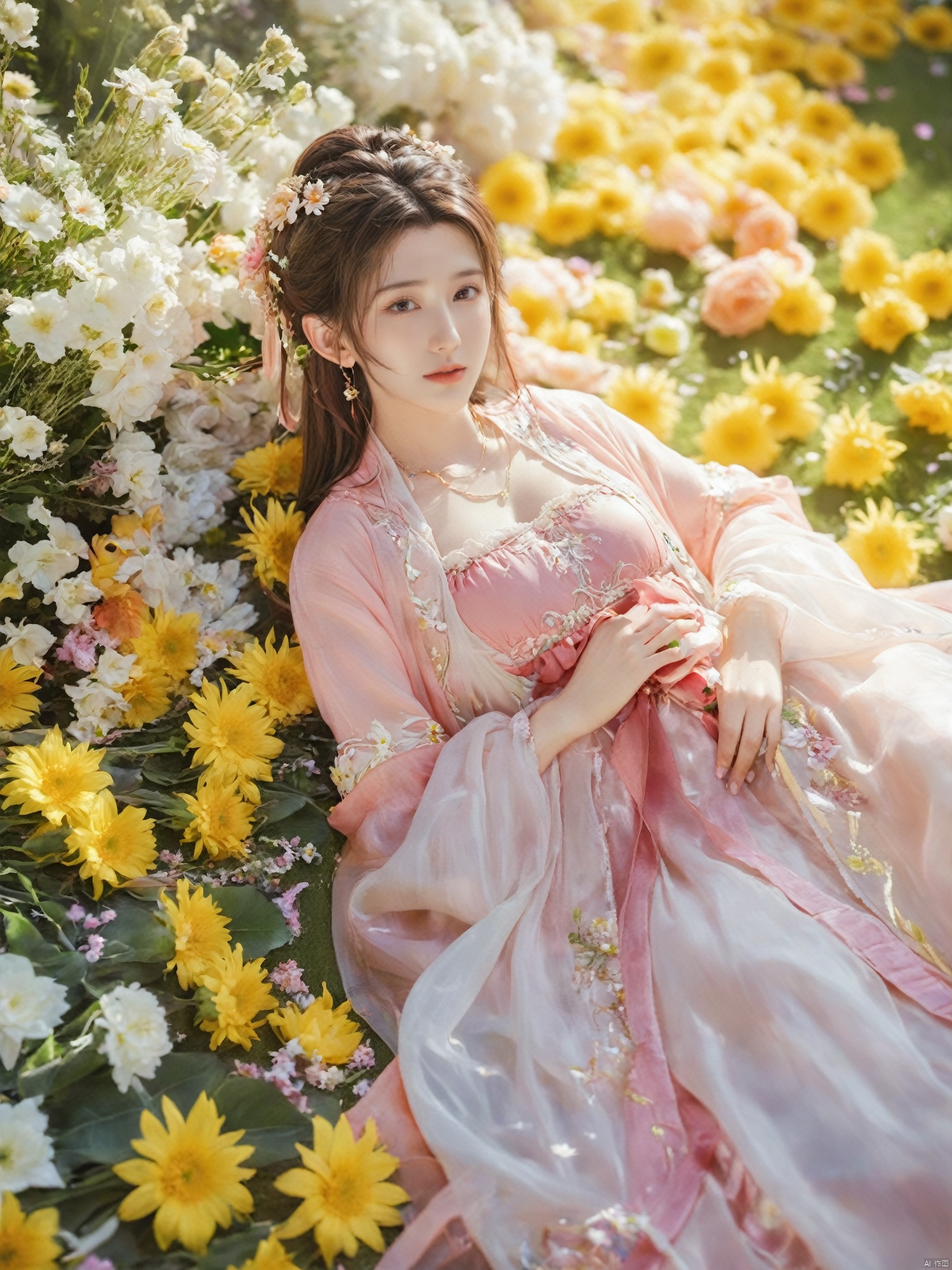  1girl, aerith gainsborough, final fantasy, lying back on flowers, from above, masterpiece, best quality, very aesthetic, absurdres, newest, ai-generated,(big breasts:1.69)