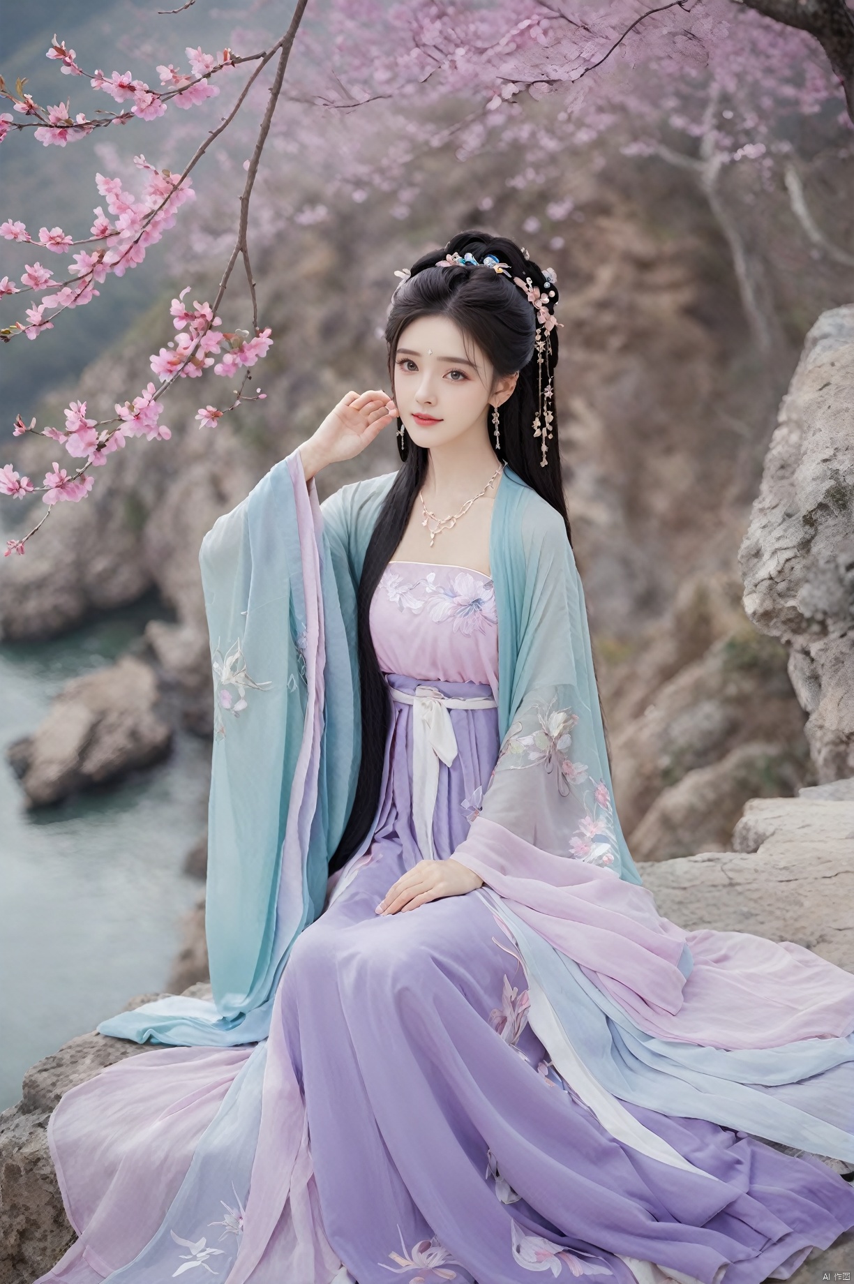  (Masterpiece:1.2), best quality, (huge and full breasts:1.99), (full breasts:1.58), necklace, Tree, Outdoor, Flower Sea, Cliff Edge, full body, daxiushan
1girl, long hair, breasts, looking at viewer, black hair, hair ornament, long sleeves, dress, indoors, wide sleeves, purple-blue-green dress, chinese clothes, table, realistic, hanfu, daxiushan,daxiushan style, monkren, FilmGirl