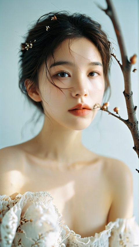  cinematic photo Photography style, master masterpiece, super detail, 1 young girl, model, delicate face, off shoulder, withered branches around, perfect body, white background, analog film, HD, 8k . 35mm photograph, film, bokeh, professional, 4k, highly detailed, 1girl, (big breasts:1.29),