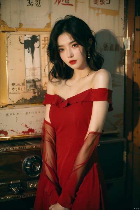  sdmai, hongchen, 1girl, solo, dress, red dress, black hair, realistic, breasts, jewelry, earrings, looking at viewer, bare shoulders,(big breasts:1.5)