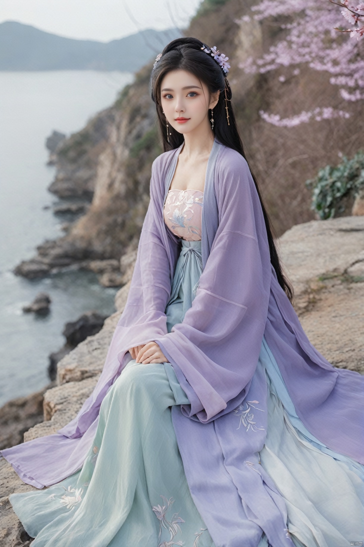  (Masterpiece:1.2), best quality, (huge and full breasts:1.99), (full breasts:1.58), necklace, Tree, Outdoor, Flower Sea, Cliff Edge, full body, daxiushan
1girl, long hair, breasts, looking at viewer, black hair, hair ornament, long sleeves, dress, indoors, wide sleeves, purple-blue-green dress, chinese clothes, table, realistic, hanfu, daxiushan,daxiushan style, monkren, FilmGirl