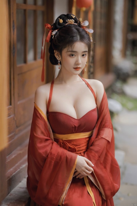  (masterpiece, top quality, best quality, official art, beautiful and aesthetic:1.2),gf-hd, 1girl, solo, hair ornament, jewelry,hanfu dress, red dress, earrings, chinese clothes, brown hair, ribbon, hanfu, red ribbon, shawl, song_hanfu,(big breasts:1.39), monkren