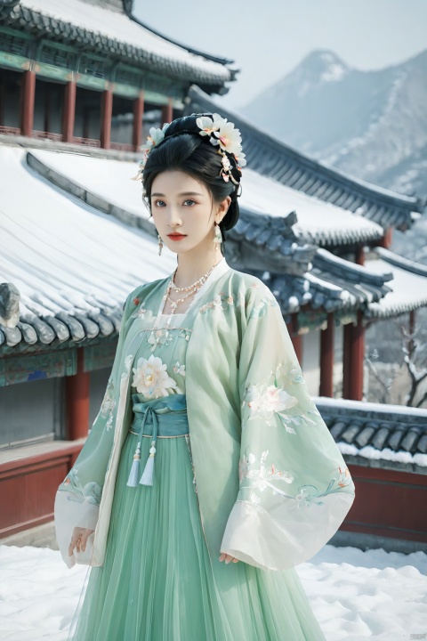  masterpiece,best quality,8K,official art,ultra high res,1girl,looking at viewer,chinese clothes,hanfu,jewelry,hair ornament,upper body,solo,earrings,snowy mountain,ruins,flower,black hair,necklace,teeth,hair bun,dress,parted lips,hair flower,((full body)),dress,hanfu,embroidery,exquisite,meticulous,(tulle:1.4), MAJICMIX STYLE, FilmGirl, monkren, (big breasta:1.39), 