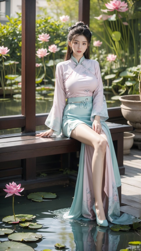  (1girl:1.1), (Lace green skirt:1.39), on Stomach,aqua_earrings,Lights, lanterns, chang,(big breasts:1.56),hanfu, Best quality, Realistic, photorealistic, masterpiece, extremely detailed CG unity 8k wallpaper, best illumination, best shadow, huge filesize ,(huge breasts:1.59) incredibly absurdres, absurdres, looking at viewer, transparent, smog, gauze, vase, petals, room, ancient Chinese style, detailed background, wide shot background,
(((black hair))),(Sitting on the lotus pond porch:1.49) ,(A pond full of pink lotus flowers:1.5),close up of 1girl,Hairpins,hair ornament,hair wings,slim,narrow waist,perfect eyes,beautiful perfect face,pleasant smile,perfect female figure,detailed skin,charming,alluring,seductive,erotic,enchanting,delicate pattern,detailed complex and rich exquisite clothing detail,delicate intricate fabrics,
Morning Serenade In the gentle morning glow, (a woman in a pink lotus-patterned Hanfu stands in an indoor courtyard:1.36),(Chinese traditional dragon and phoenix embroidered Hanfu:1.3), admiring the tranquil garden scenery. The lotus-patterned Hanfu, embellished with silver-thread embroidery, is softly illuminated by the morning light. The light mint green Hanfu imparts a sense of calm and freshness, adorned with delicate lotus patterns, with a blurred background to enhance the peaceful atmosphere,X-Yunxiao, Yunxiao_Fairy,X-ziling,Xlanlinge