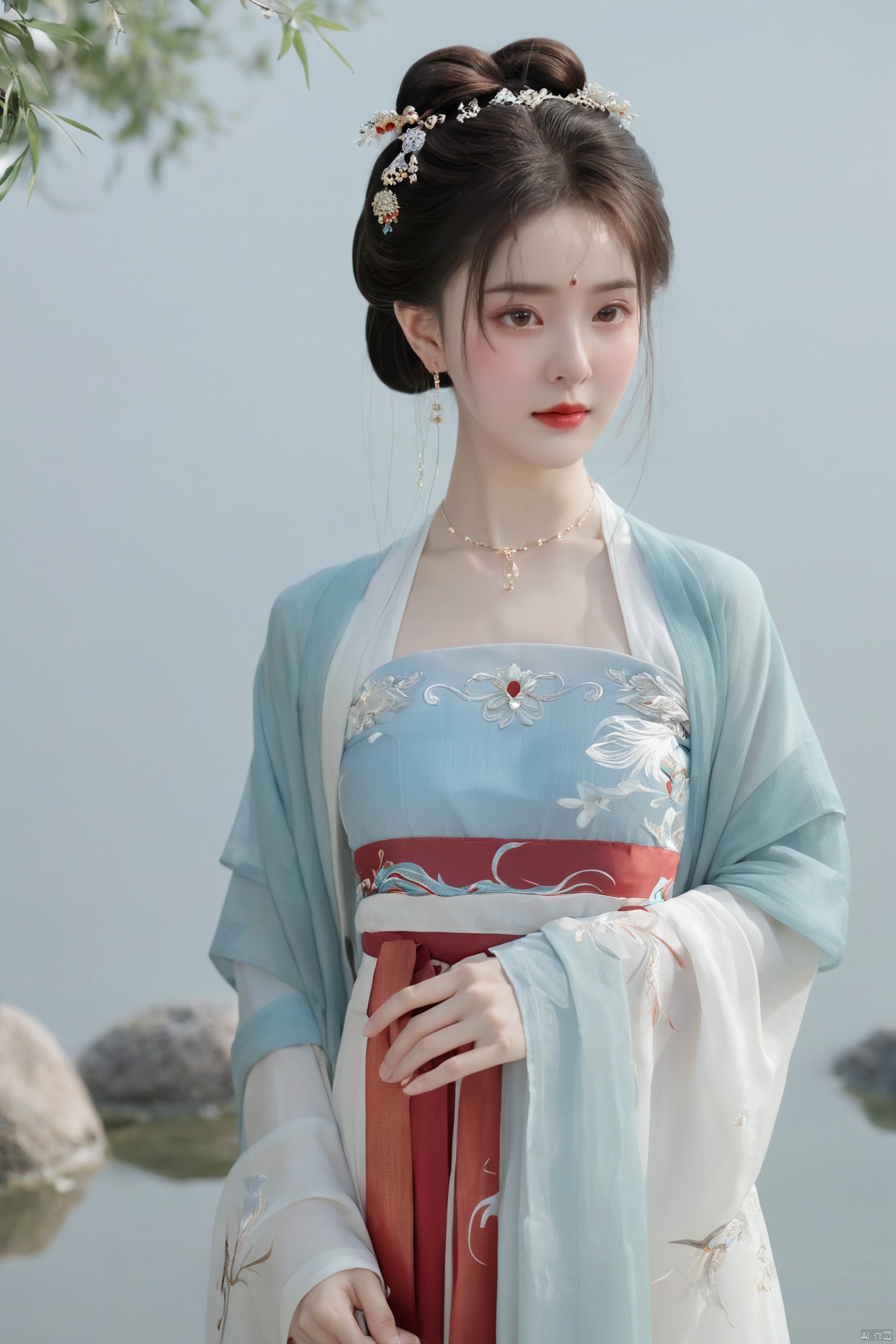  (masterpiece, top quality, best quality, official art, beautiful and aesthetic:1.2),gf-hd, 1girl, solo, hair ornament, jewelry,hanfu dress, red dress, earrings, chinese clothes, brown hair, ribbon, hanfu, red ribbon, shawl, song_hanfu,(big breasts:1.59), monkren, tang_hanfu