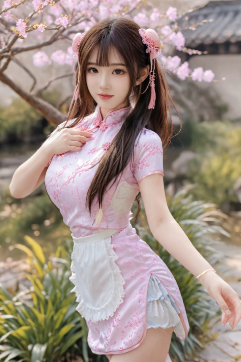  best quality, masterpiece,Depth of field,kind smile,looking_at_viewer,Dynamic pose,RAW photo,1girl,Xcheongsam,(big breasts:1.39),ping dress,