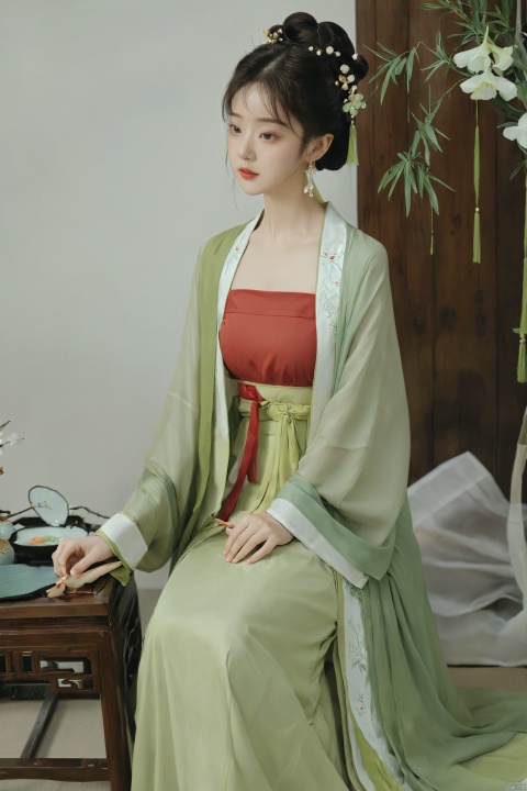  (masterpiece, top quality, best quality, official art, beautiful and aesthetic:1.2),gf-hd, 1girl, solo, hair ornament, jewelry,green hanfu dress, long dress, earrings, chinese clothes, brown hair, ribbon, hanfu, red ribbon, shawl, song_hanfu,(big breasts:1.99), (full breasts:1.59),monkren
