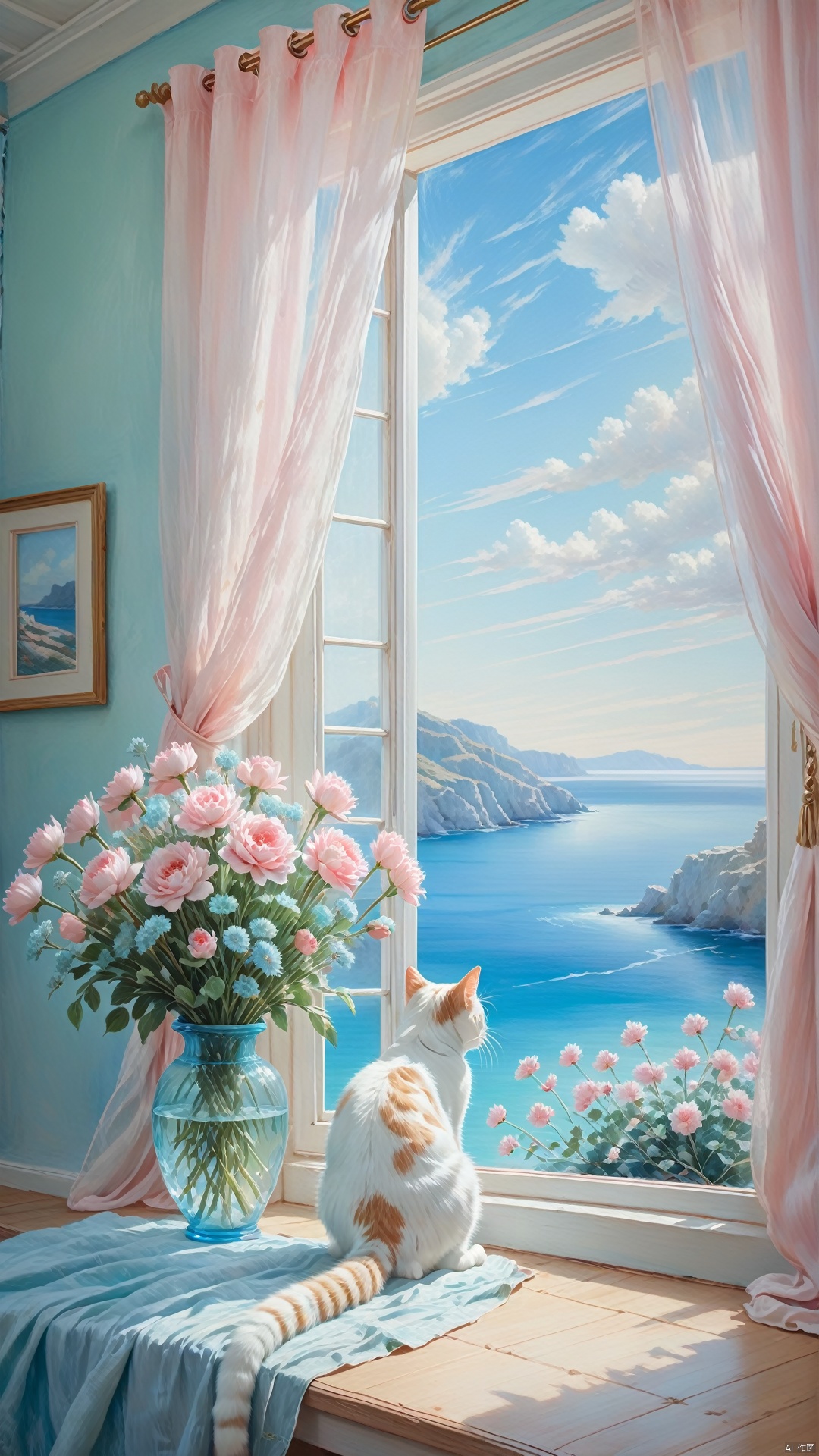  a cat looking at a bouquet, near by the window with the curtains, coastal landscape outside the window, oil painting, plein air painting, dreamy azure, light blue and dreamy pink, dreamy ice mint, natural light, high quality, high detail, super clarity, transcendent work