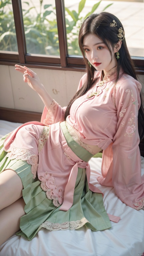  1girl, (Lace pink|green skirt:1.45), on Stomach, lying down, bed,aqua_earrings,Lights, lanterns, chang,(big breasts:1.53),hanfu, (antique cheongsam), (Chinese round fans), ll-hd, shidudou,(midi skirt:1.1), QIPAO, taoist robe, hy, han style