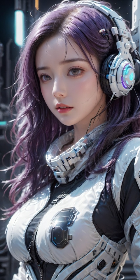  1girl,Future style gel coat,Future Combat Suit,Mecha,blurry background,breasts,depth of field,headphones,Glowing Clothing,Future Technology Space Station,Clothing with multiple light sources,Upper body,Oblique lateral body,Above the abdomen,headset,lips,long hair,looking at viewer,(big breasts:1.39),parted lips,realistic,science fiction,solo,upper body,purple hair