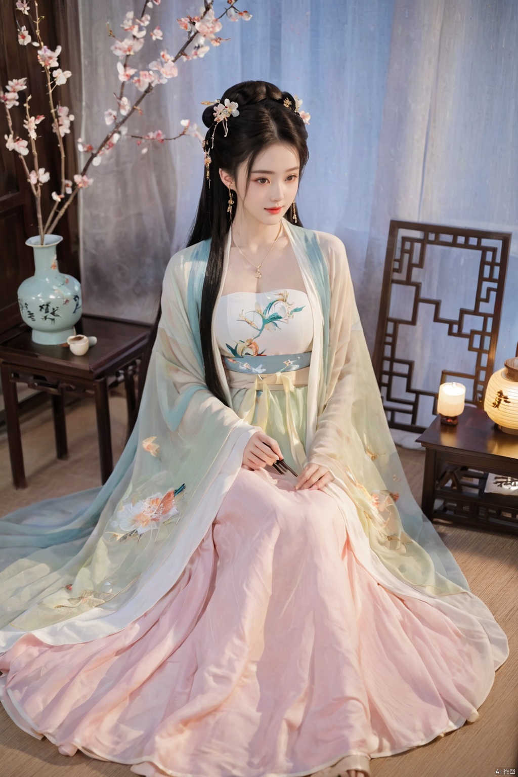  1girl, solo, long hair, black hair,Hairpins,necklace, hair ornament, dress, full body, flower, earrings, indoors, hair bun, (Silk dress),(Tube top Hanfu long skirt:1.1), pillow, bed, night, chinese clothes, table, branch,daxiushan, ,daxiushan style,(huge breasts:1.99), (full breasts:1.59), realistic,hanfu, daxiushan,Shoulders are exposed, , daxiushan, arien_hanfu, FilmGirl