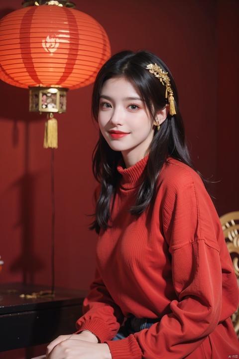  1girl,(solo:1.2),red sweater,sweater,sitting,grin,smile,chinese new year,jewelry,tassel,lantern,make up,hair ornament,(realistic,4K resolution,masterpiece,top quality,best quality,official art,beautiful and aesthetic),photorealistic,red background,paper lantern,eastern dragon