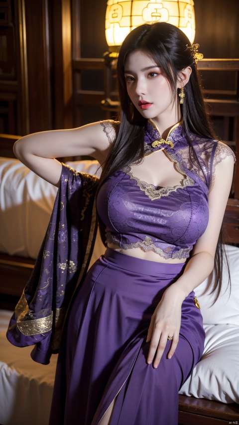 realistic, photo realistic, extremely detailed wallpaper, masterpiece, best quality, ultra-detailed,1girl, (Lace purple skirt:1.39), on Stomach, bed,aqua_earrings,Lights, lanterns, chang,(big breasts:1.5),hanfu, (antique cheongsam, Chinese round fans:1.2),