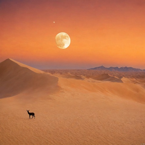desert_sky,outdoors,sky,moon,scenery,desert,wide shot,animal, landscape