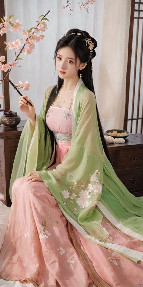  1girl, solo, long hair, black hair,Hairpins,necklace, hair ornament, dress, full body, flower, earrings, indoors, hair bun, (pink-green dress),(Tube top Hanfu long skirt:1.1), pillow, bed, night, chinese clothes, table, branch,daxiushan, ,daxiushan style,(huge breasts:1.88), (full breasts:1.59), realistic,hanfu, daxiushan,Shoulders are exposed, , daxiushan, arien_hanfu, FilmGirl