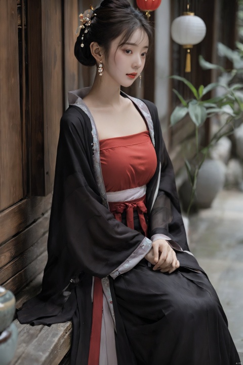  (masterpiece, top quality, best quality, official art, beautiful and aesthetic:1.2),gf-hd, 1girl, solo, hair ornament, jewelry,(red-black hanfu dress), long dress, earrings, chinese clothes, brown hair, ribbon, hanfu, red ribbon, shawl, song_hanfu,(big breasts:1.99), (full breasts:1.59),monkren