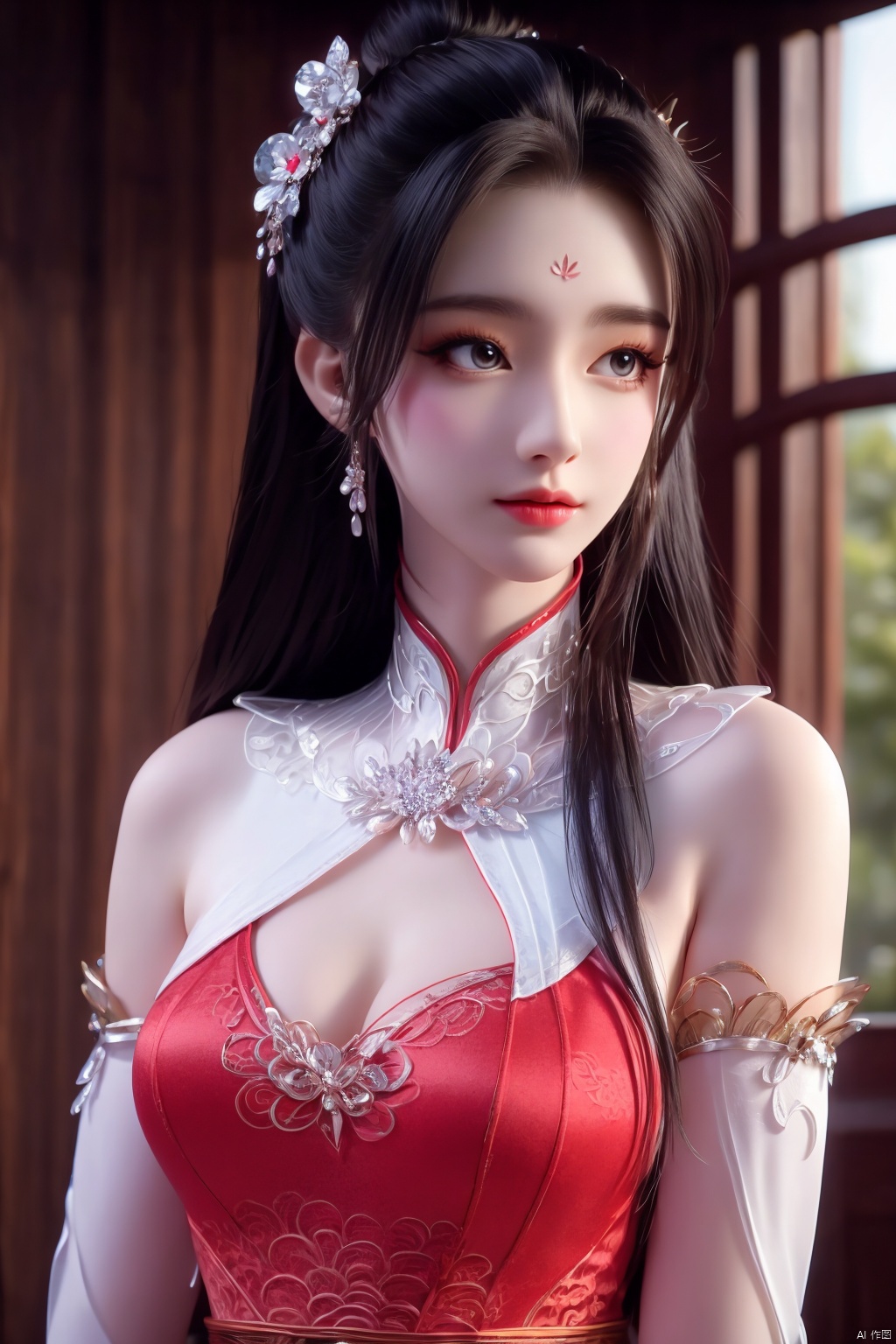 masterpiece,(best quality),official art, extremely detailed cg 8k wallpaper,((crystalstexture skin)), (extremely delicate and beautiful),highly detailed,1girl,solo,long hair,headwear,,(black hair),(closed mouth),(standing),(chinese clothing),dress,Headwear, jewelry,,looking at the audience,Facing the camera,indoor,Street, Sunny,(whole body),looking_at_viewer, (cleavage, medium breasts), upper body,Xbaihehuai