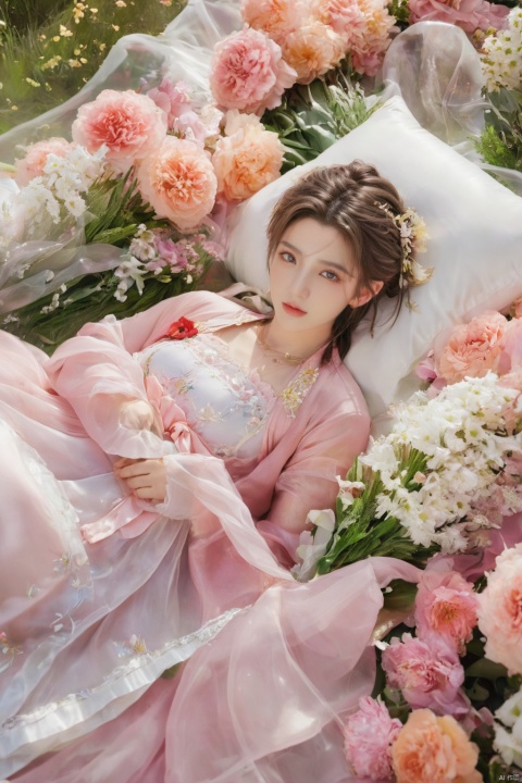  1girl, aerith gainsborough, final fantasy, lying back on flowers, from above, masterpiece, best quality, very aesthetic, absurdres, newest, ai-generated,(big breasts:1.52)