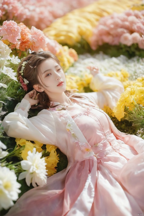  1girl, aerith gainsborough, final fantasy, lying back on flowers, from above, masterpiece, best quality, very aesthetic, absurdres, newest, ai-generated