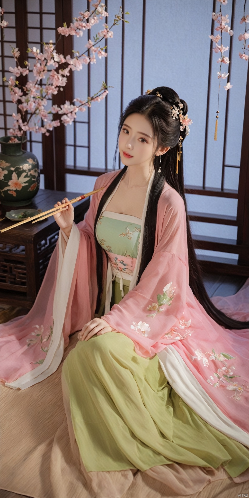  1girl, solo, long hair, black hair,Hairpins,necklace, hair ornament, dress, full body, flower, earrings, indoors, hair bun, (pink-green dress),(Tube top Hanfu long skirt:1.1), pillow, bed, night, chinese clothes, table, branch,daxiushan, ,daxiushan style,(huge breasts:1.99), (full breasts:1.59), realistic,hanfu, daxiushan,Shoulders are exposed, , daxiushan, arien_hanfu, FilmGirl