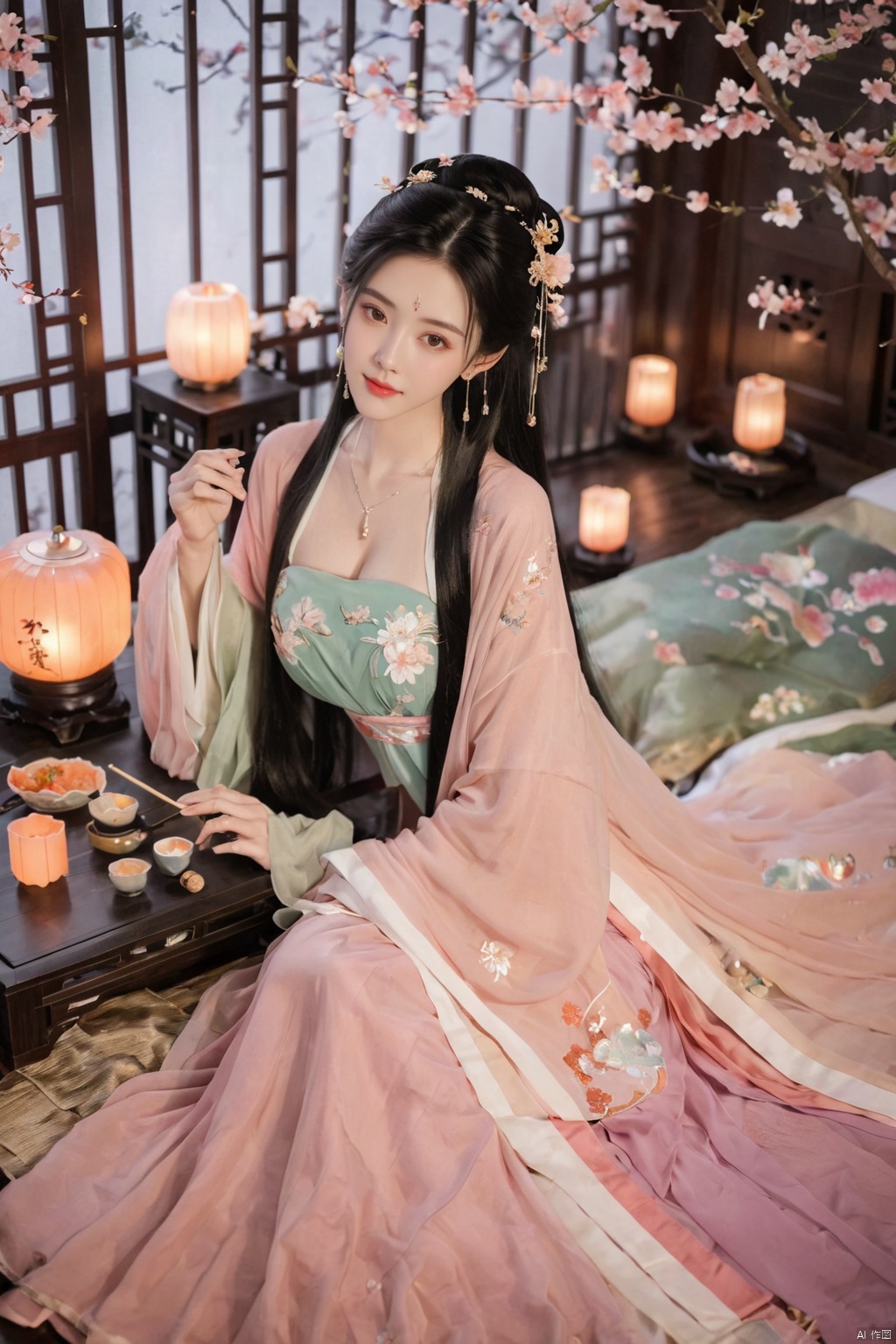  1girl, solo, long hair, black hair,Hairpins,necklace, hair ornament, dress, full body, flower, earrings, indoors, hair bun, (Sequin color dress),(Tube top Hanfu long skirt:1.1), pillow, bed, night, chinese clothes, table, branch,daxiushan, ,daxiushan style,(huge breasts:1.99), (full breasts:1.59), realistic,hanfu, daxiushan,Shoulders are exposed, , daxiushan, arien_hanfu, FilmGirl