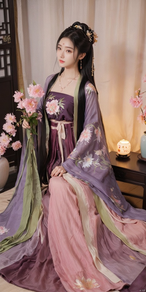  1girl, solo, long hair, black hair,Hairpins,necklace, hair ornament, dress, full body, flower, earrings, indoors, hair bun, (purple-pink-green dress),(Tube top Hanfu long skirt:1.1), pillow, bed, night, chinese clothes, table, branch,daxiushan, ,daxiushan style,(huge breasts:1.69), (full breasts:1.59), realistic,hanfu, daxiushan,Shoulders are exposed, , daxiushan, arien_hanfu, FilmGirl