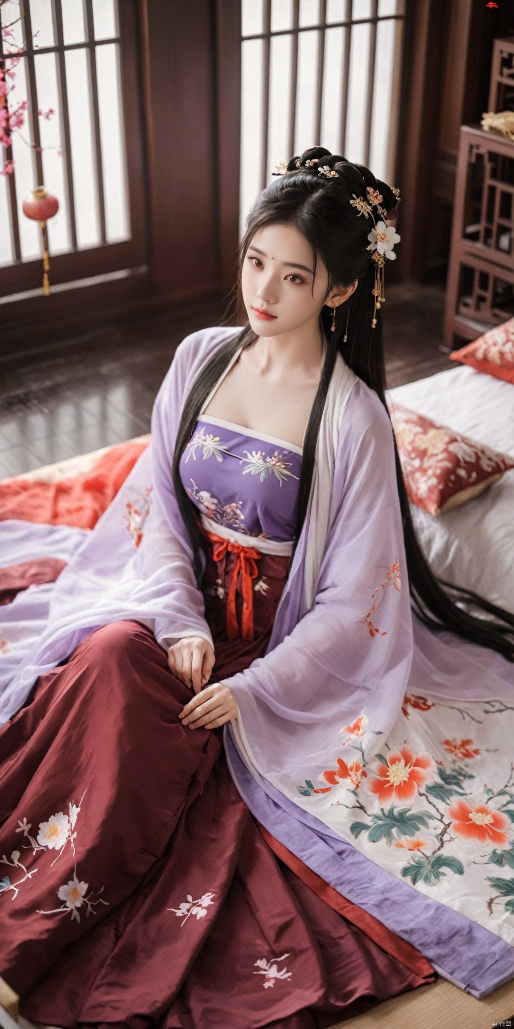  1girl, solo, long hair, black hair,Hairpins,necklace, hair ornament, dress, full body, flower, earrings, indoors, hair bun, (purple-red-white dress),(Tube top Hanfu long skirt:1.1), pillow, bed, night, chinese clothes, table, branch,daxiushan, ,daxiushan style,(huge breasts:1.6), (full breasts:1.39), realistic,hanfu, daxiushan,Shoulders are exposed, , daxiushan, arien_hanfu, FilmGirl