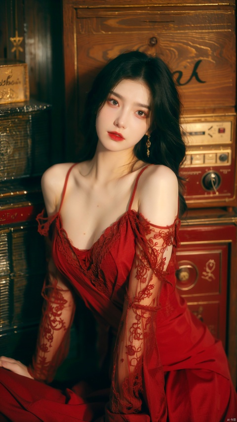  sdmai, hongchen, 1girl, solo, lace dress, red dress, black hair, realistic, breasts, jewelry, earrings, looking at viewer, bare shoulders,(big breasts:1.79),(full breasts:1.5)