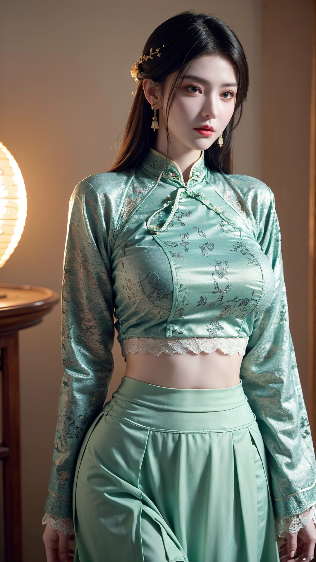 realistic, photo realistic, extremely detailed wallpaper, masterpiece, best quality, ultra-detailed,1girl, (Lace green skirt:1.39), on Stomach, bed,aqua_earrings,Lights, lanterns, chang,(big breasts:1.66),hanfu, (antique cheongsam, Chinese round fans:1.2),