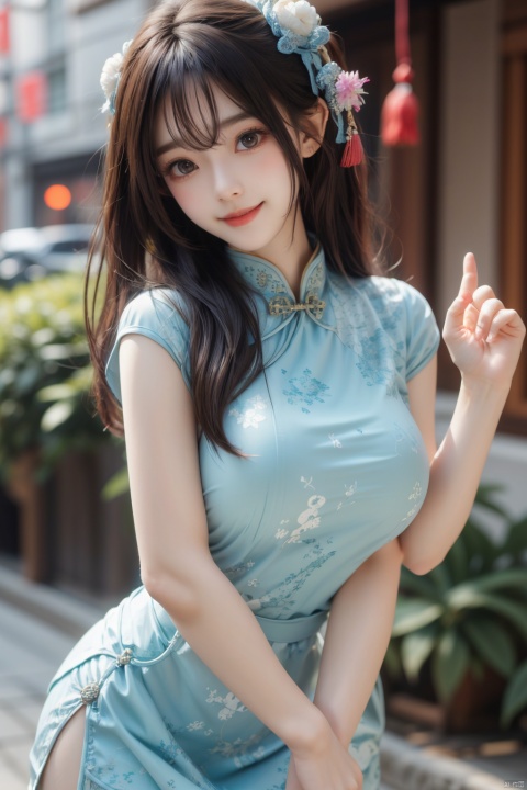  best quality, masterpiece,Depth of field,kind smile,looking_at_viewer,Dynamic pose,RAW photo,1girl,Xcheongsam,(big breasts:1.39),ping-blue dress,