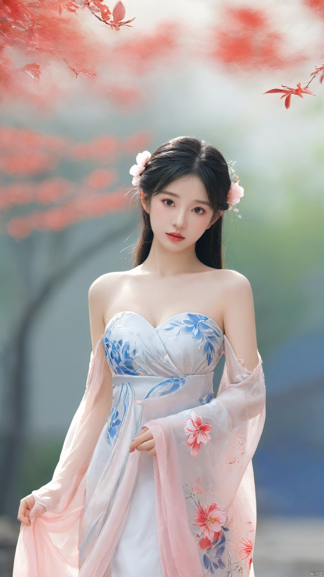  arien_hanfu,1girl, solo, flower, long hair, black hair, hair ornament, (big breasts:1.49),hair flower, blue eyes, floral print, chinese clothes, looking at viewer, detached sleeves, full body, white flower, parted lips, dress, pink flower, china dress, bare shoulders, blush, red flower, eyelashes, white dress, lips, sleeveless, parted bangs, grey background, gongzhuqie, neon_dress,huansha, glowing,lens flare,big leaf,plant, wind, chang,(big breasts:1.5),