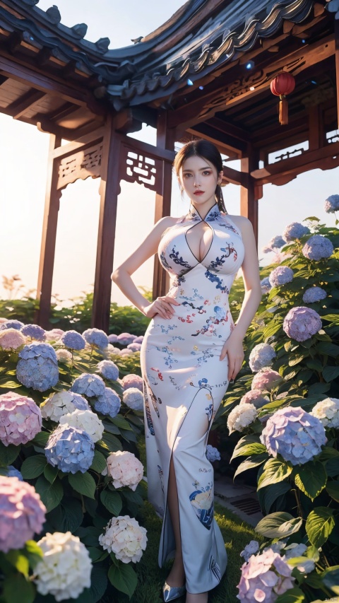  1girl,front,full body,mottledsunlight,hydrangea flowers field,photoparticle,refracted light,light particles,sparkle,backlighting,hydrangea flower,china dress\(haihang\),lingxing, (big breasts:1.89),