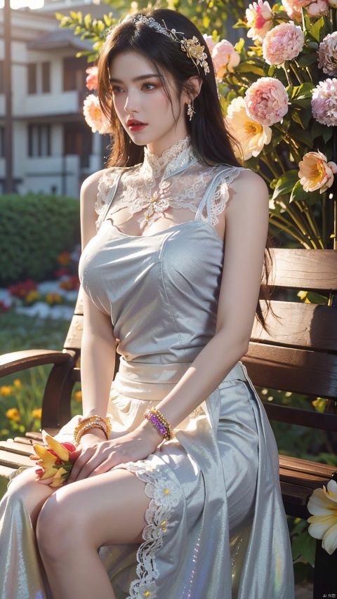  (Floral_wrap_top:1.4),(light rainbow gradient color Midi_skirt:1.4),(Beaded_bracelets:1.3),(Garden_party_background:1.5)1girl,solo,long hair, (big breasts:1.6),outdoors,streets,street,city,(Beach_background:1.4),(masterpiece, best quality, realistic,),(photorealistic:1.4),chinese girl,lip,brown eyes,(brighteninglight:1.2),(Increasequality:1.4),finelydetailedeyes,She has exquisite facial features and delicate skin,Rich and realistic skin texture,fine hands,the magnificent evening dress was adorned with sparkling jewelry,(Facing the camera, sitting on a park bench:1.3),(Romantic_lace_top:1.5),(Flowy_maxi_skirt:1.4),(Delicate_bracelet:1.3),(high neck lace evening dress:1.39),(Garden_wedding_background:1.39), yuyao, qianjin, (big breasts:1.7),(flowers:1.69), shidudou