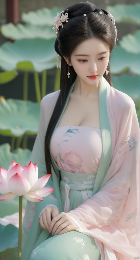 Best quality, Realistic, photorealistic, masterpiece, extremely detailed CG unity 8k wallpaper, best illumination, best shadow, huge filesize ,(huge breasts:2.59) incredibly absurdres, absurdres, looking at viewer, transparent, smog, gauze, vase, petals, room, ancient Chinese style, detailed background, wide shot background,
(((1gilr,black hair))),(Sitting on the lotus pond porch:1.39) ,(huge breasts:2.4),(A pond full of pink lotus flowers:1.3),close up of 1girl,Hairpins,hair ornament,hair wings,slim,narrow waist,(huge breasts:2.5),perfect eyes,beautiful perfect face,pleasant smile,perfect female figure,detailed skin,charming,alluring,seductive,erotic,enchanting,delicate pattern,detailed complex and rich exquisite clothing detail,delicate intricate fabrics,
Morning Serenade In the gentle morning glow, (a woman in a pink lotus-patterned Hanfu stands in an indoor courtyard:1.26),(Chinese traditional dragon and phoenix embroidered Hanfu:1.3), admiring the tranquil garden scenery. The lotus-patterned Hanfu, embellished with silver-thread embroidery, is softly illuminated by the morning light. The light mint green Hanfu imparts a sense of calm and freshness, adorned with delicate lotus patterns, with a blurred background to enhance the peaceful atmosphere,(huge breasts:2.7),