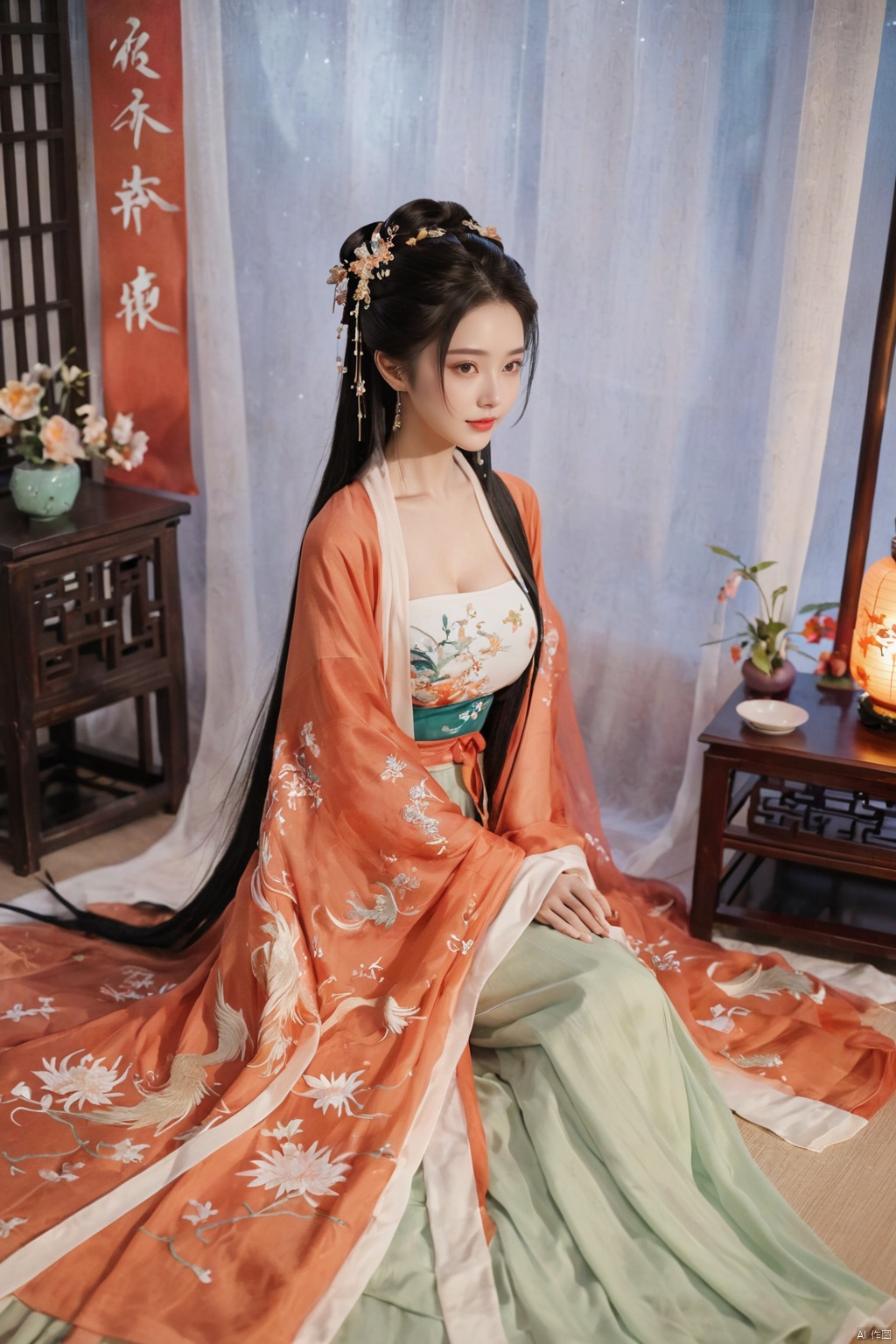  1girl, solo, long hair, black hair,Hairpins,necklace, hair ornament, dress, full body, flower, earrings, indoors, hair bun, (Dragon and phoenix pattern embroidery dress),(Tube top Hanfu long skirt:1.1), pillow, bed, night, chinese clothes, table, branch,daxiushan, ,daxiushan style,(huge breasts:1.99), (full breasts:1.59), realistic,hanfu, daxiushan,Shoulders are exposed, , daxiushan, arien_hanfu, FilmGirl